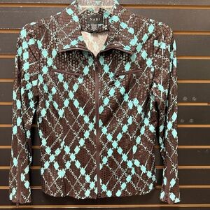 NABI Ladies Turquoise Brown Argyle Diamond Print Jacket, Zipper Lightweight
